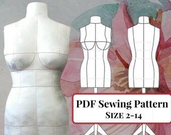 PDF Sewing Pattern - DIY Dress Form Mannequin. Plus Complete Step-by-Step Sewing Photo-Guide. Sizes 2,4,6,8,10,12,14(Bra Cups A,B,C,D,DD/E)