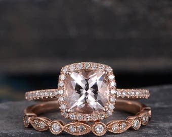 Morganite Engagement Ring Set Rose Gold Wedding Band Women Cushion Cut Halo Diamond Antique Pave Halo Women Wedding Ring Set Bridal 2 pcs
