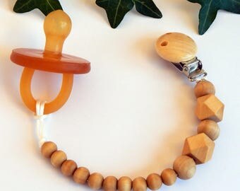 Wooden Dummy Clip | Dummy Chain | Pacifier Clip | Soother Holder | Wooden | Beaded | Natural | Baby Shower Gift