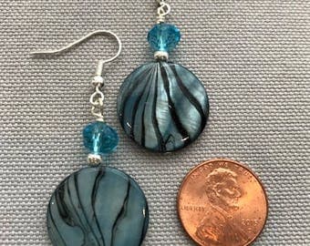 Aqua Round Shell and Glass Bead Earrings