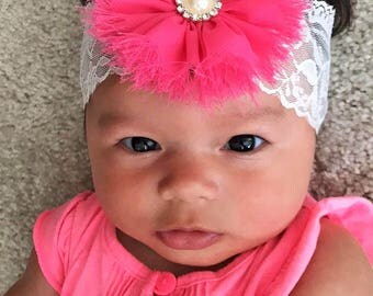 Handmade hot pink flower on white lace headband, baby, toddler