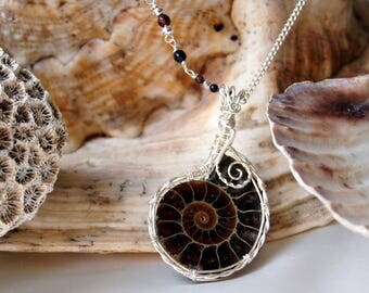 Fossil Ammonite Pendant on Silver necklace with Tigers Eye | Genuine Ammonite jewellery | Fossil jewelry | Unique pendants | Unique gifts