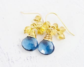 Gold Gemstone Earrings, Citrine Stone Earrings, Dark Blue Earrings, Yellow Beaded Earrings, Small Drop Earrings, Gold Dangle Earrings
