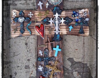 Religious Valentine Gift, Religious Cross Decor, Large Wood Cross, Distressed Wall Cross, Wooden Crosses, Turquoise Cross, Cross Red Heart
