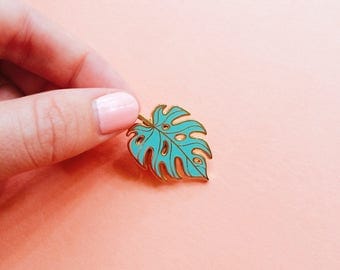 monstera leaf enamel pin mint and gold lapel accessory hard enamel pin botanical brooch cloisonné tropical leaf pin gift for mom plant lady