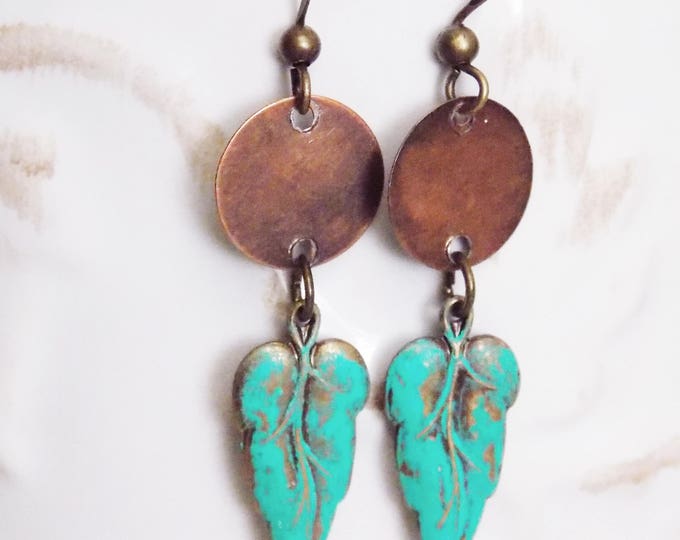 Verdigris Leaf Earrings Brass Patina Earrings Green Blue Drop Rustic Copper Metal Disk Dangle Bohemian Boho Woodland Jewelry Gift Earrings