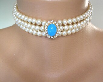 Pearl Choker, Attwood & Sawyer, Vintage Pearl Necklace, Great Gatsby, Cream Pearls, Vintage Wedding, Bridal Choker, Art Deco, Turquoise