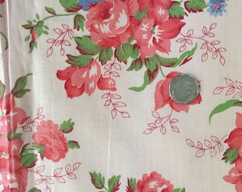 Vintage 1940s 1930s Cotton Chintz Fabric Pink Roses Floral Bouquets 36W 2Y