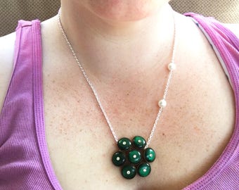 Green Pendant Necklace, Upcycled Necklace, Rhinestone Necklace Vintage Recycled Jewelry, Pearl Necklace, Upcycled Jewelry, Green Necklace