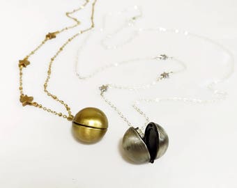 Orb Locket Necklace, Planet and Stars Steampunk Necklace, Gold Locket Necklace, Silver Locket