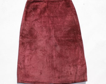 Vintage Deep Red 100% Real Leather Suede High Waist Calf Length Straight Pencil Ladies Women's Skirt Size - UK 6 / UK 8 Made In Izrael
