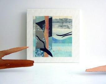 Beach art collage, 6 x 6 modern art, abstract wall art, collage art