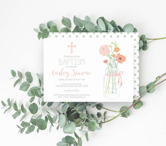 Girl Baptism Invite Mason Jar Flowers Floral Baptism