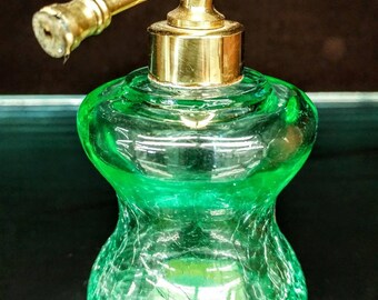 I. W. Rice Irise Occupied Japan Green Crackle Glass Perfume Parfum Bottle Atomizer Blue Silver Foil Sticker Sales No Bulb ref 18436