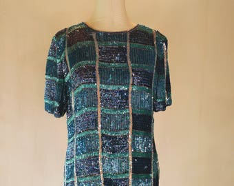 Shades of Blue Sequin Slouchy Checkered Shirt Top Glam