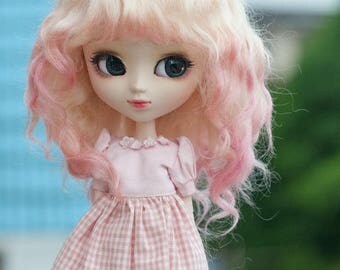 9-10" Size Light Blonde Pink Gradient Curly Mohair Wig with Fringe for Pullip and Volks 1/3 BJD SD Dolls