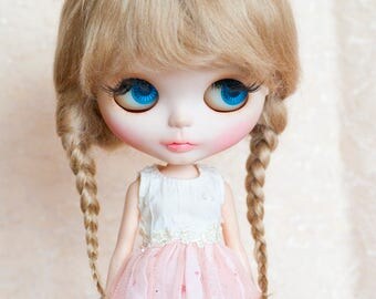 Light Brown Mohair Blythe Wig with Braids and Fringe 10-11" Size Doll Wig