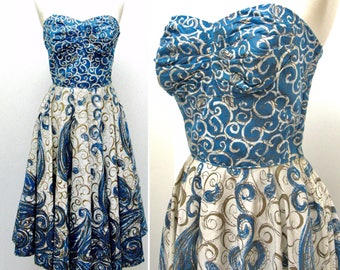 Vintage 1950s Elinor Gay Swirl Print Bombshell Dress