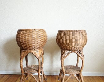 Vintage Ornate Wicker Tiered Plant Stand - Two Styles