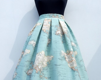 World map skirt in blue, high waisted full skirt, all sizes and plus sizes