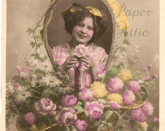 Antique French Postcard Tinted Photo Pretty Young Woman in Basket Handle Frame RPPC Post Card from Vintage Paper Attic