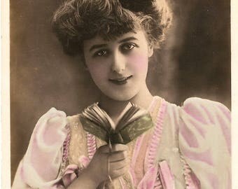 Pretty Edwardian Woman with Little Book Antique French Tinted Photo Postcard from Vintage Paper Attic