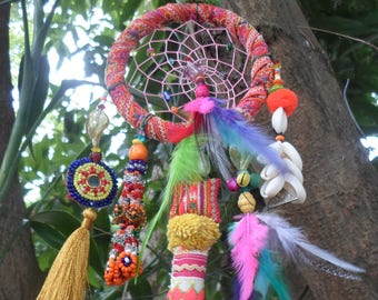 Tribal Dreamcatcher With Vintage Textiles, Beads, Shells, Feathers, Tassels and Magic