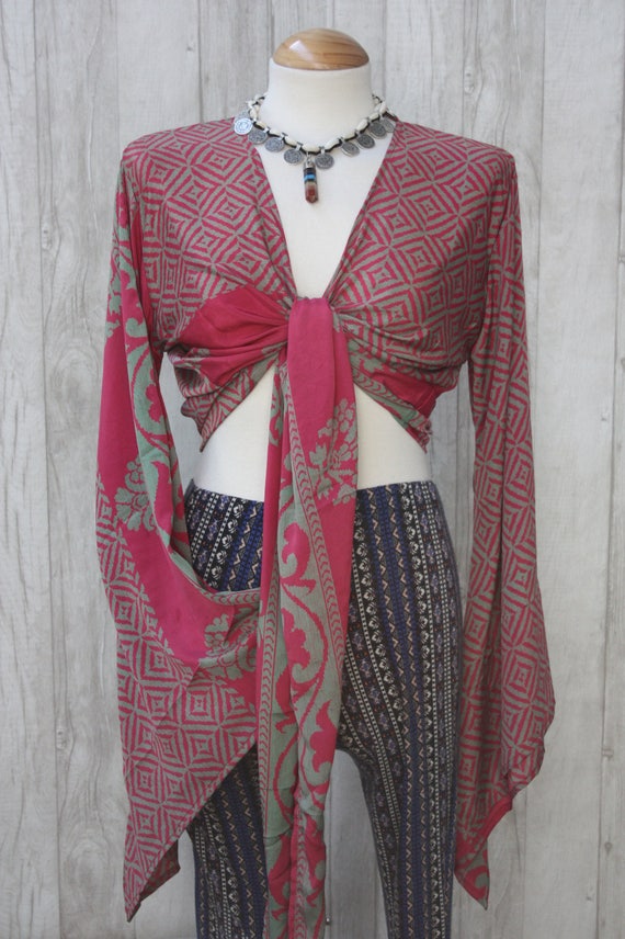 PINK POWER TOP - Bell sleeve crop top- Silk Tie Top- Vintage- Festival Top- Hippie- Retro- 70s- Crop Top- 100% Silk- Couture