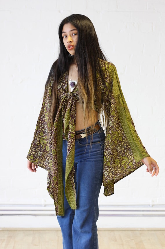AUTUMN CROP TOP - Bell sleeve crop top- Silk Tie Top- Vintage- Festival Top- Retro- 70s- Crop Top- Shawl- Kimono- 100% Silk- Couture