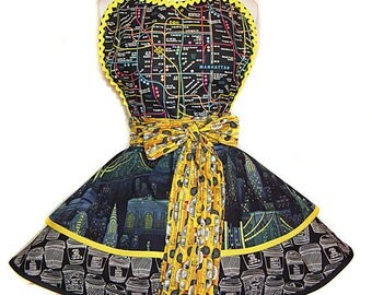 Ready To Ship "Helen, Take The A Train!" Pinup/Diner Style Apron -- A Tie Me Up Aprons Exclusive Design