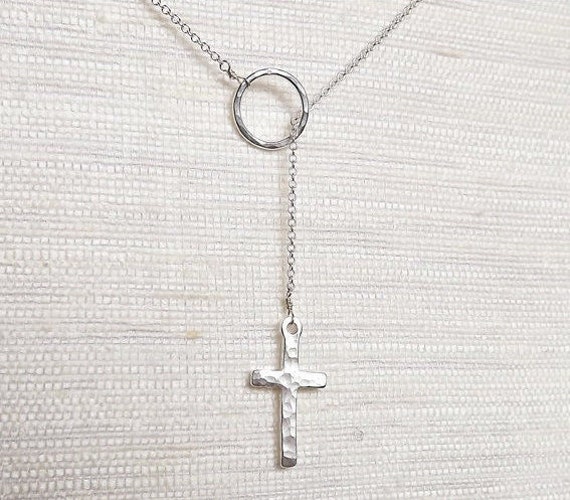 Sterling Hammered Cross Lariat Silver Necklace Everyday