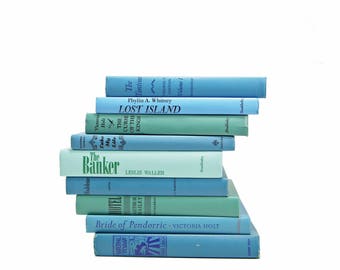BLue Green Ocean Books, Decorative Books, Rustic Book stack, Antique BOoks Set, Book Decor, Farmhouse CHic, Old Book Collection
