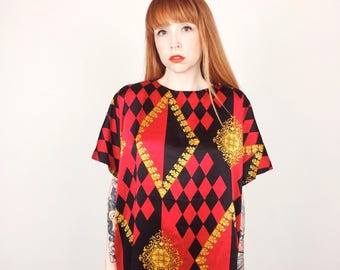 Silky Satin Black and Red Checkered Baroque Print Jester Royal Boxy Oversized Vintage Blouse // Women's size Large L