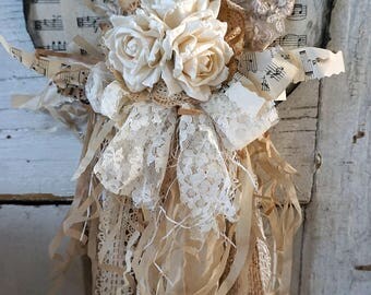 White tattered heart wall hanging shabby cottage chic embellished handmade roses tea stained fabrics and reclaimed decor anita spero design