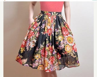 JULY 20 OFF BLACK Floral Skirt, Midi Cotton Skirt With Pockets