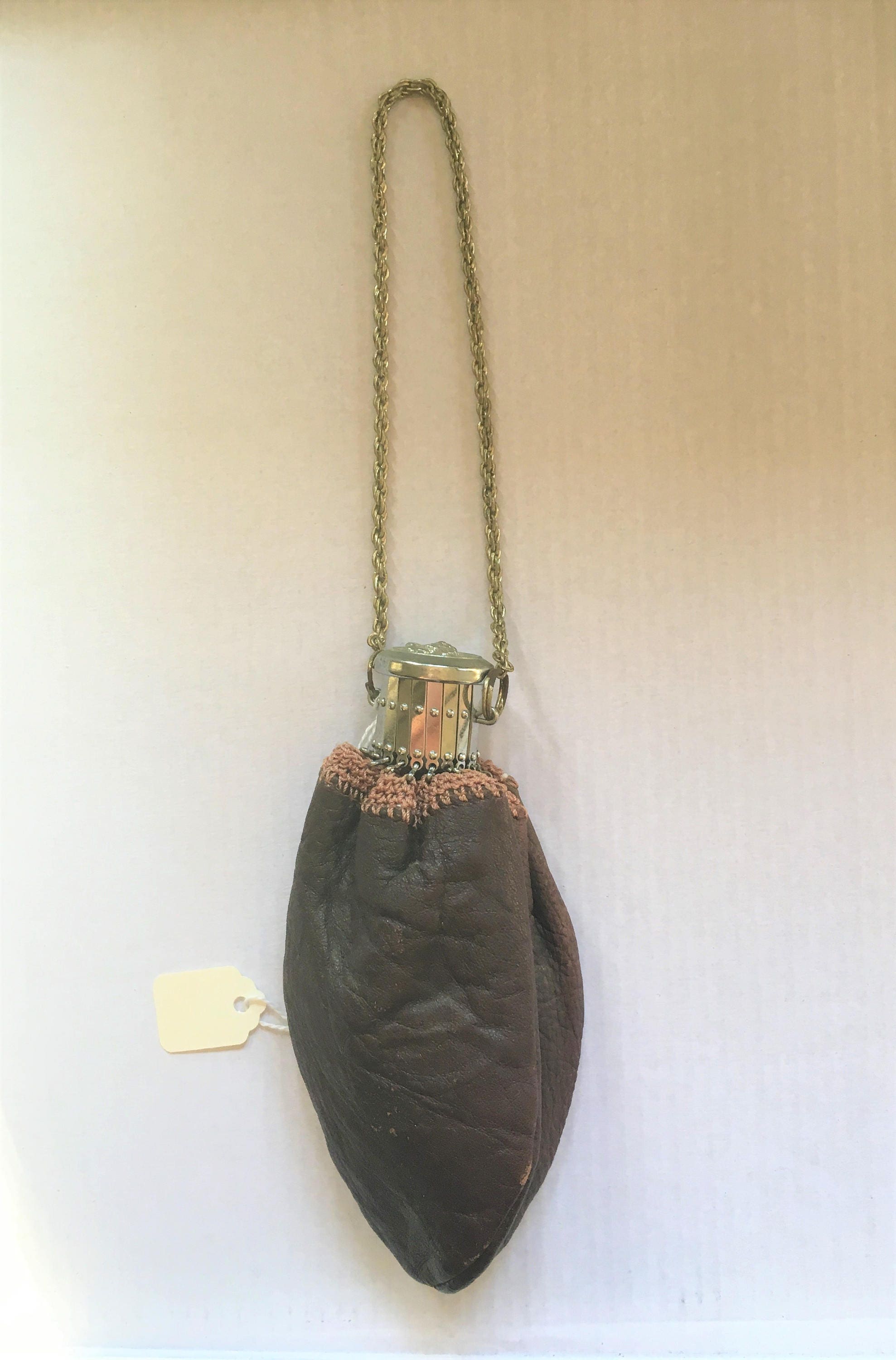 Antique Gate Top Brown Leather Expandable Coin Purse Antique