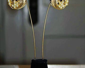 Vintage French Couture High End Faux Pearl Textured Gold Earring E3
