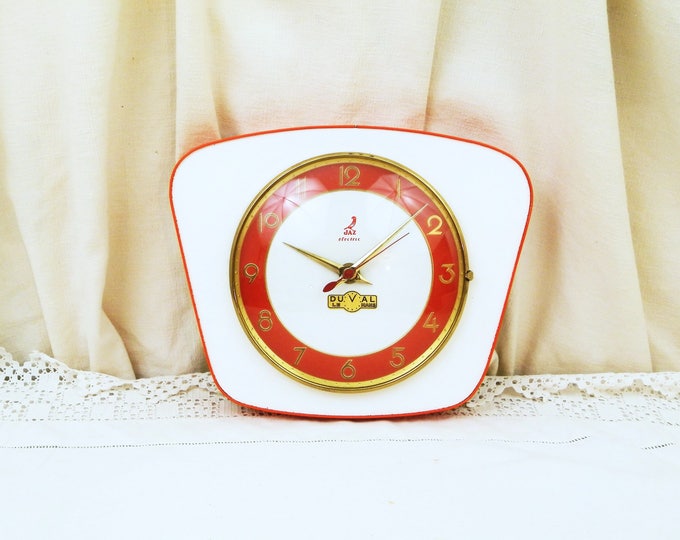 Vintage Working French Mid Century Wall Clock White and Orange Formica Made by Jaz Sold by Duval in Le Mans France, 1960 Retro Home Decor