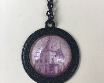 Old House, Haunted House Pendant Necklace, Halloween Jewelry, Gothic Jewelry, Black Setting and Chain, 24 inch chain, 1 in setting