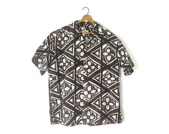 Mens Hawaiian shirt, mens shirt, tiki print, brown shirt, white shirt, men's vintage, vintage clothing, size large, 1960s shirt, 60s shirt