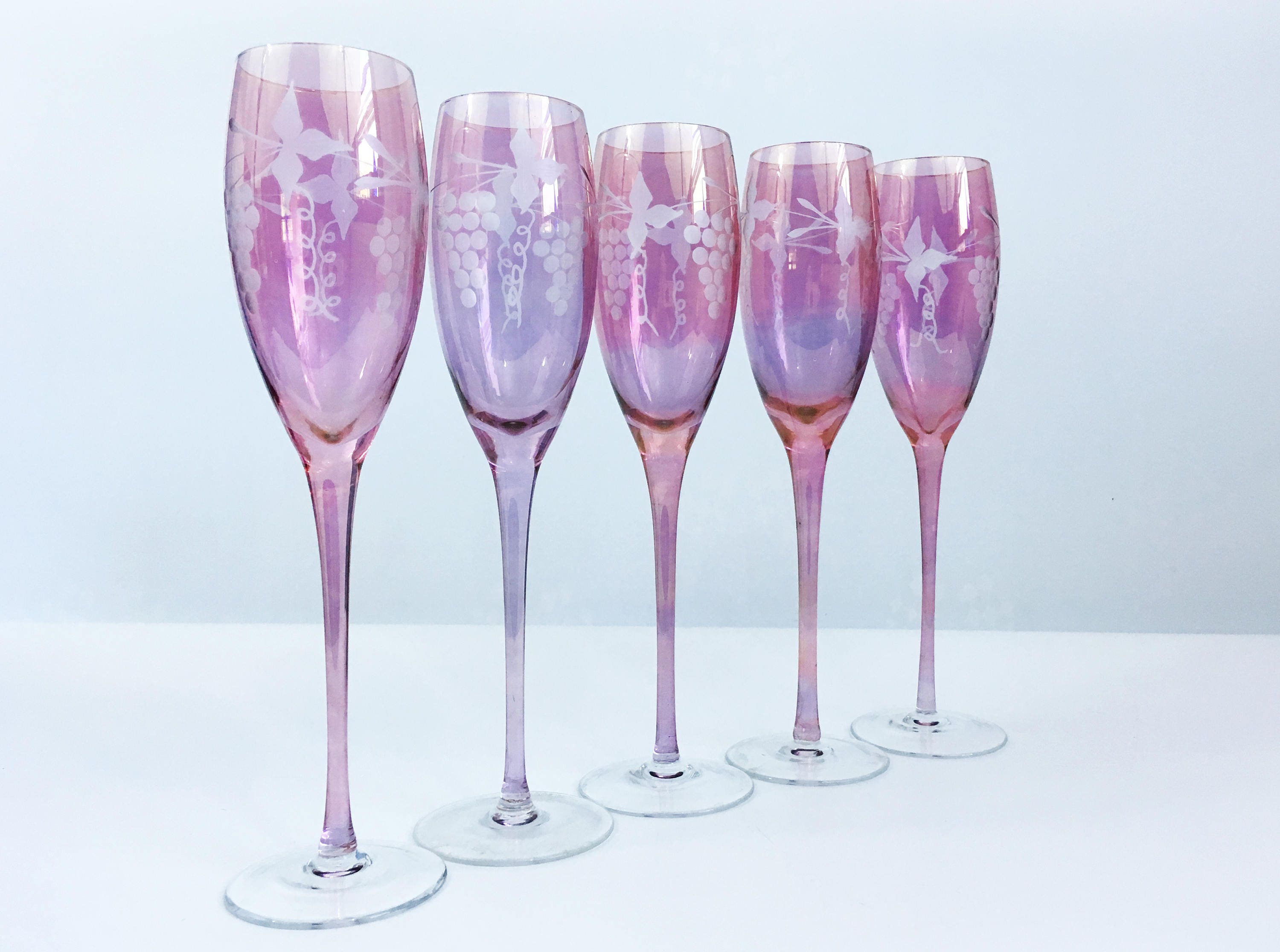 Vintage Set 5 Tall Pink Crystal Etched Wine Glasses Five Large Pink