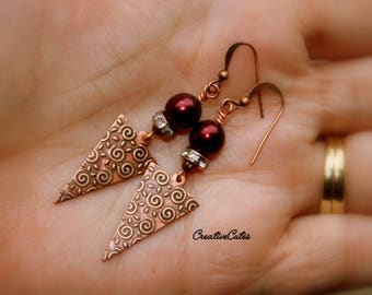 Art Deco Copper Earrings Burgundy Pearl & Crystal Earrings Unique Modern Copper Triangle Arrows Bohemian Pearl Earrings Urban Chic Earrings