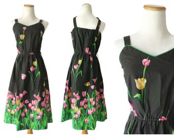 70s Sundress Tulip Print Dress 1970s Black Floral Dress Size Medium Large Pink Flower Print Midi Sweetheart Neckline
