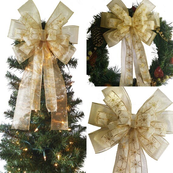 Gold Christmas Bow Sparkling Snowflakes Christmas Wreath Bows Ivory