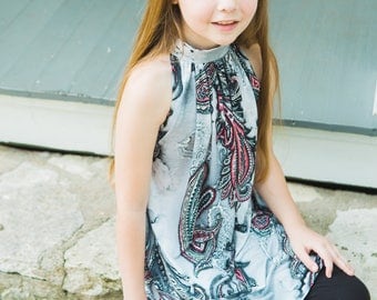 Girls Emma Top and Dress PDF Sewing Pattern - Newborn to 12 years, front and back high neck, flared top, five length options, optional sash