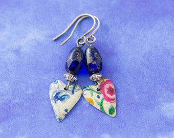 Small Mismatched Tin Flower Heart Earrings with Cobalt Blue Czech Glass Beads, Heart Earrings, 10th Anniversary Jewelry