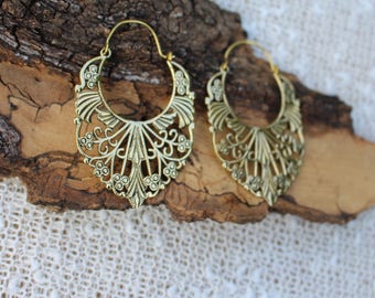 Big Ornate Earrings, Tribal Jewellery, Ethnique Earrings, Ornament, Boho Hoop Earrings, Brass Earrings, Boucles d'oreille Laiton Ornemental