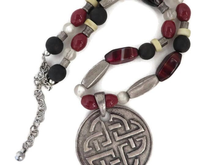CHICO'S Pendant Necklace, Vintage Chunky Tribal Style, Boho Beaded Silver Tone Pendant Choker Necklace