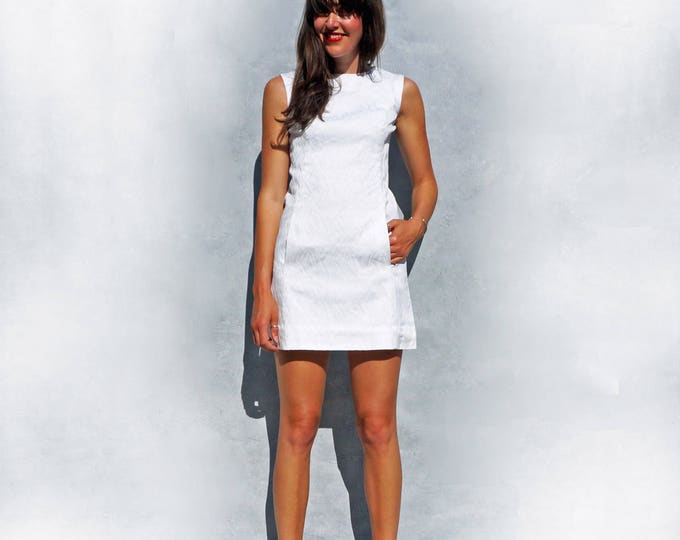 60s Mod Dress, 1960s Mini Dress, White Dress, Foliage Print Dress, Casual Dress Women, 60s Shift Dress Vintage Boho Dress Dress With Pockets