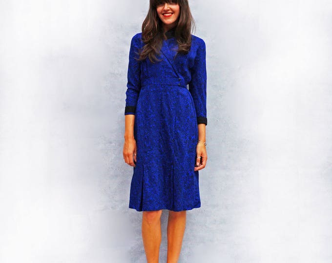 Blue Wool Dress, Navy Blue Dress, Leaf Print Dress, Vintage Marks + Spencers Dress, 1980s Dress, Shirt Dress, Midi Dress, Dress With Sleeves